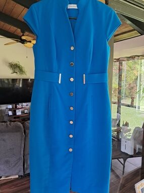 Calvin Klein Electric Blue Button-Front Midi Dress